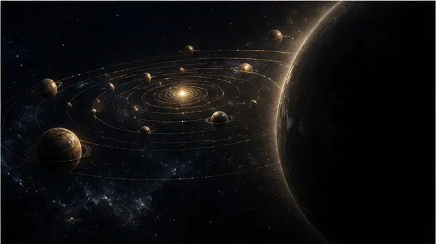 A concealed fifteenth Astrix Solutions planet emerging from a mysterious gold and navy orbit