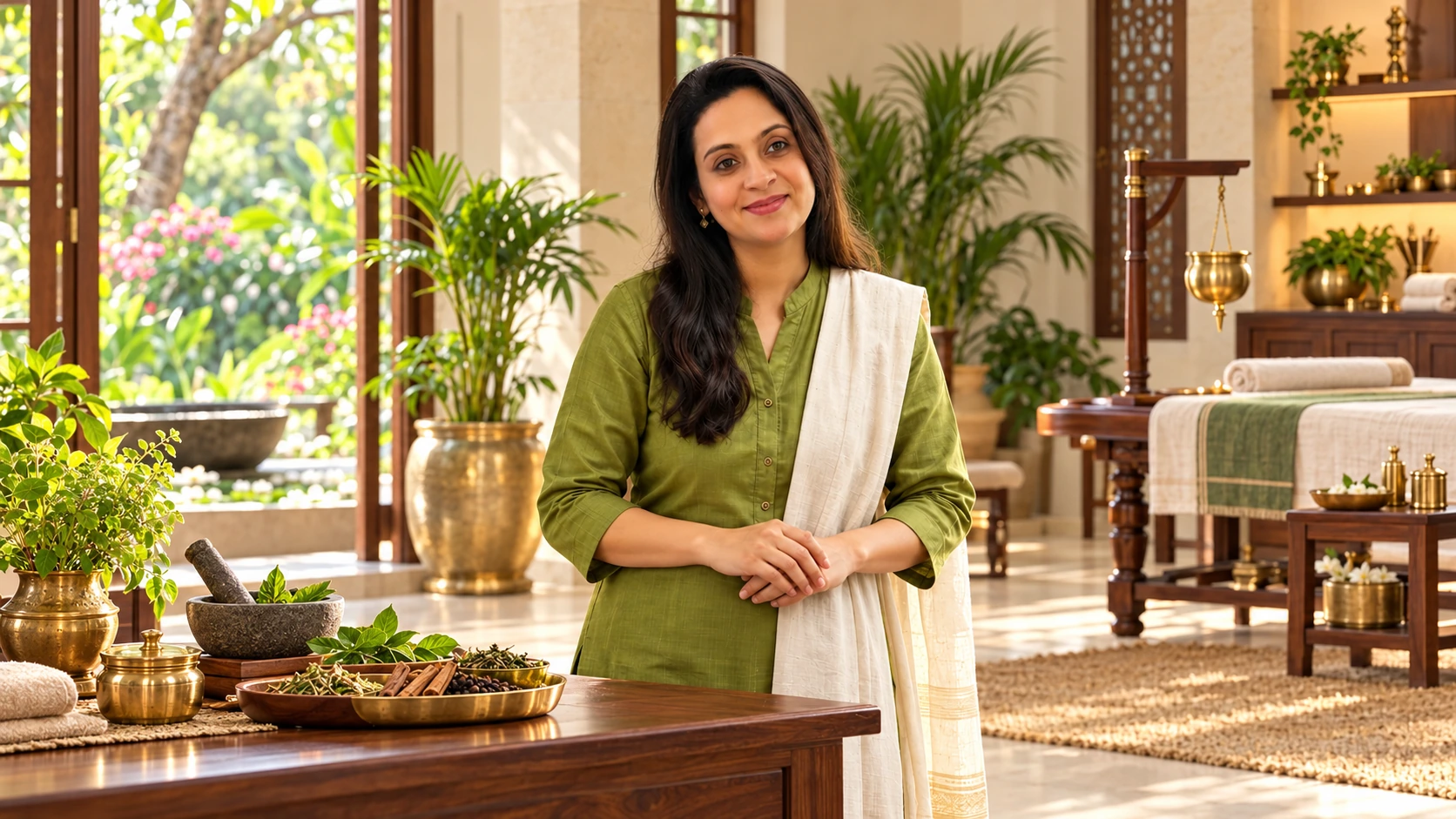 A woman in green and ivory in a serene Ayurvedic consultation and therapy setting