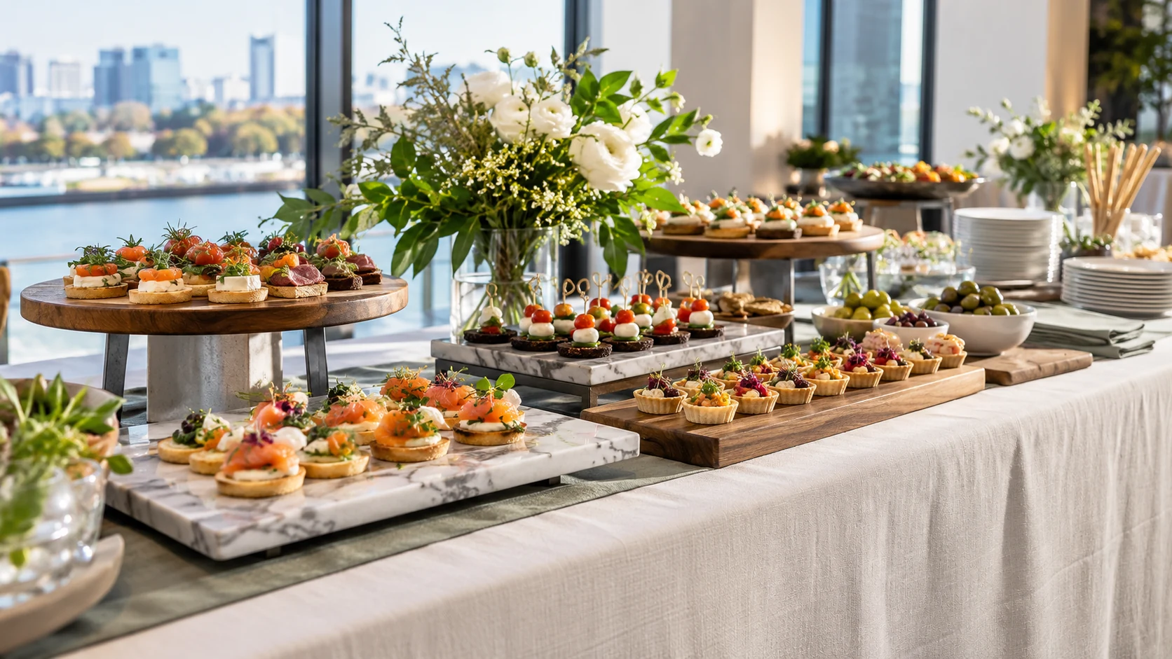 A thoughtfully arranged catering table for a business gathering