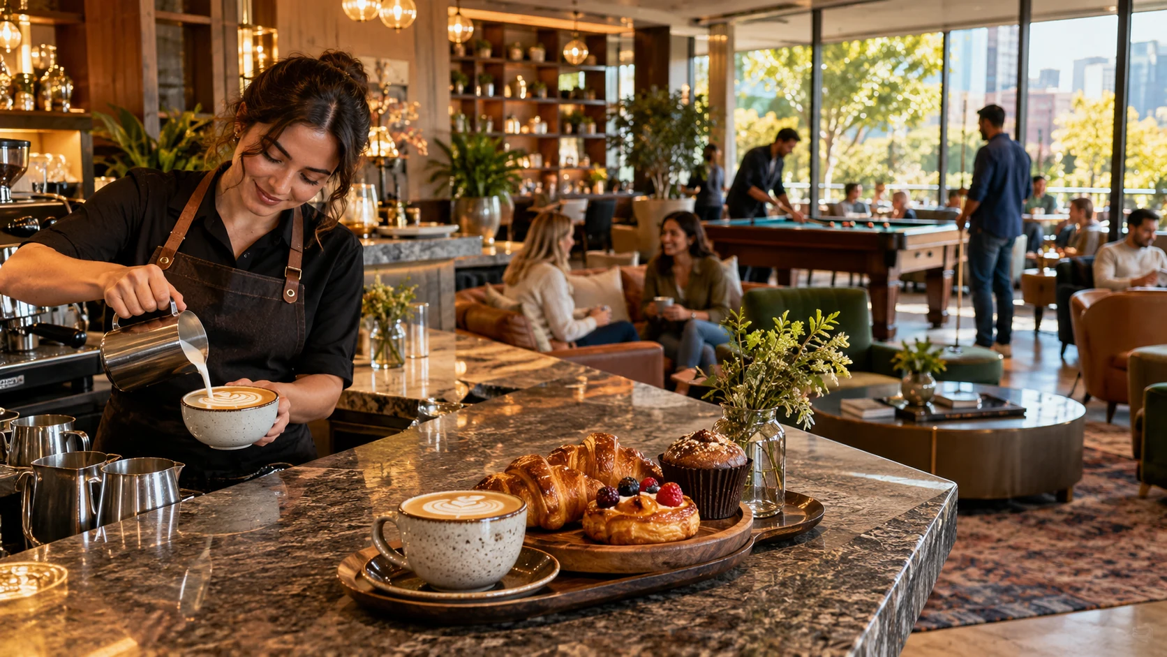 Coffee and pastries beside a welcoming social gaming lounge