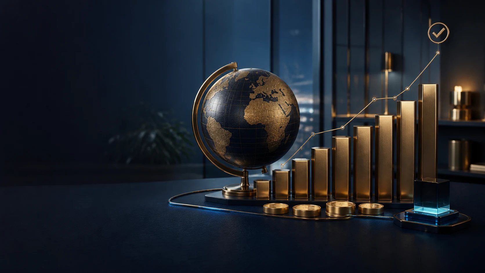 International finance planning with universal currency symbols and growth insights