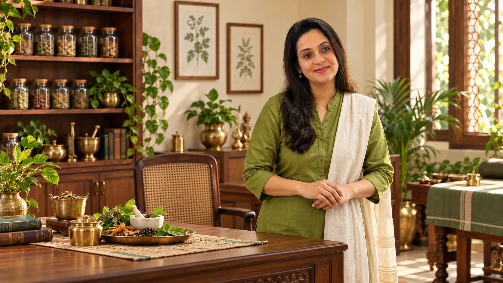 Woman in a warm Ayurvedic heritage clinic with traditional herbs and brass vessels