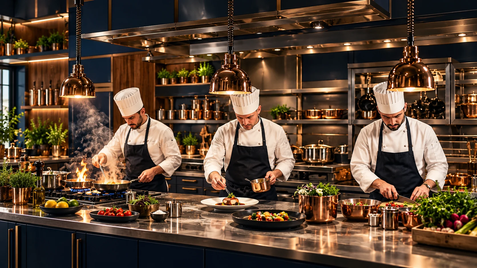 Professional chefs preparing fresh dishes in the Astrix Kitchen