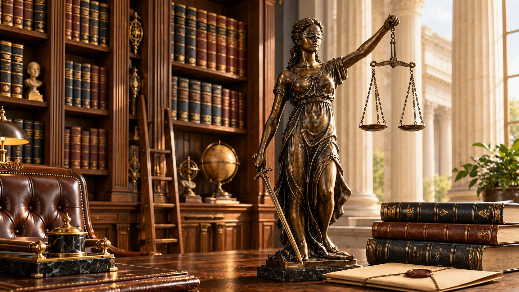Blindfolded Lady Justice with the values justice, integrity, excellence and service