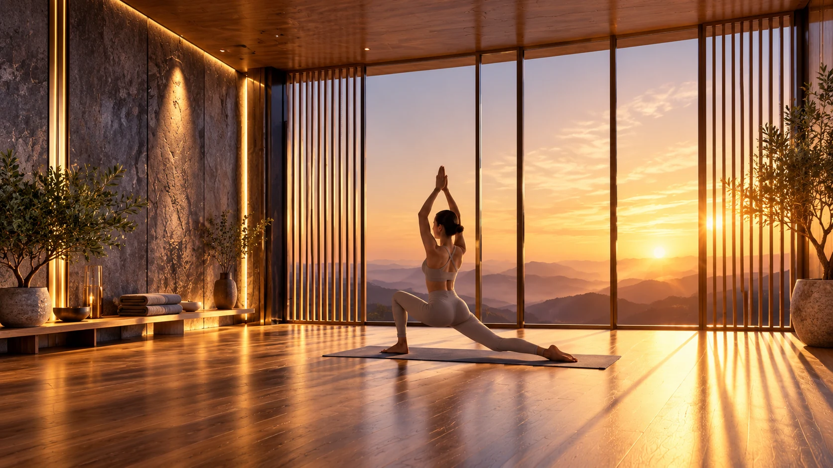 Astrix Yoga practitioner in a serene modern studio at sunrise