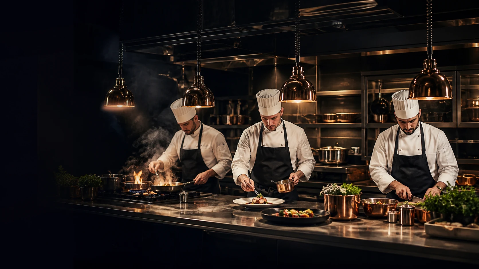 Professional chefs preparing fresh dishes in the Astrix Kitchen