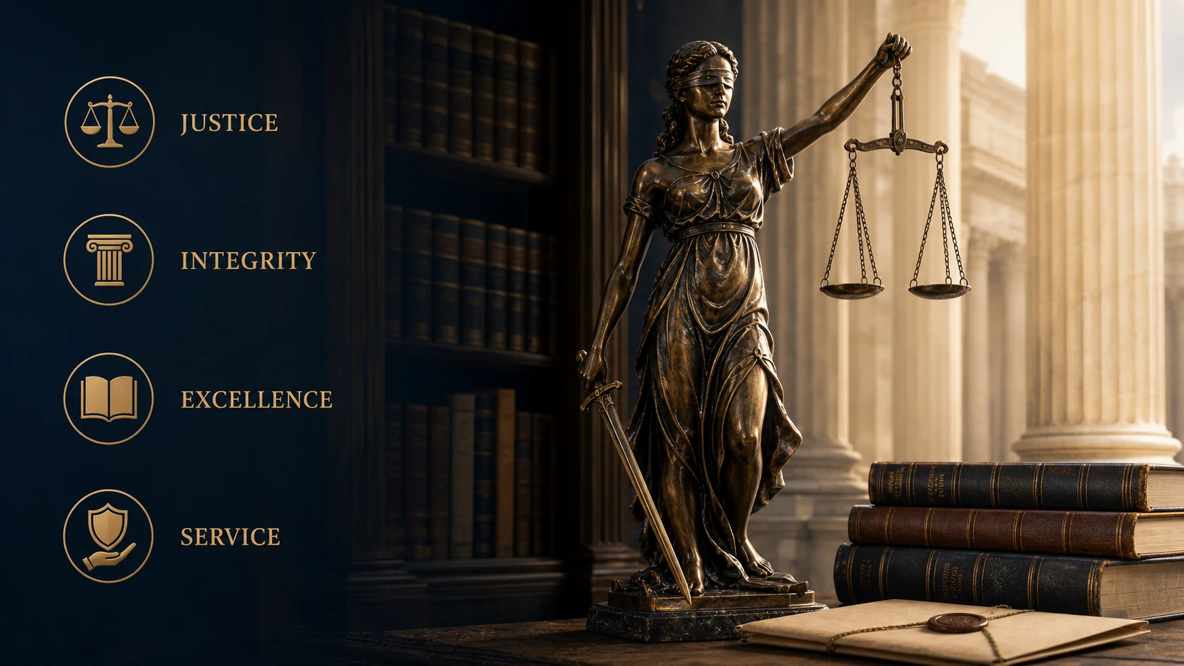 Blindfolded Lady Justice with the values justice, integrity, excellence and service