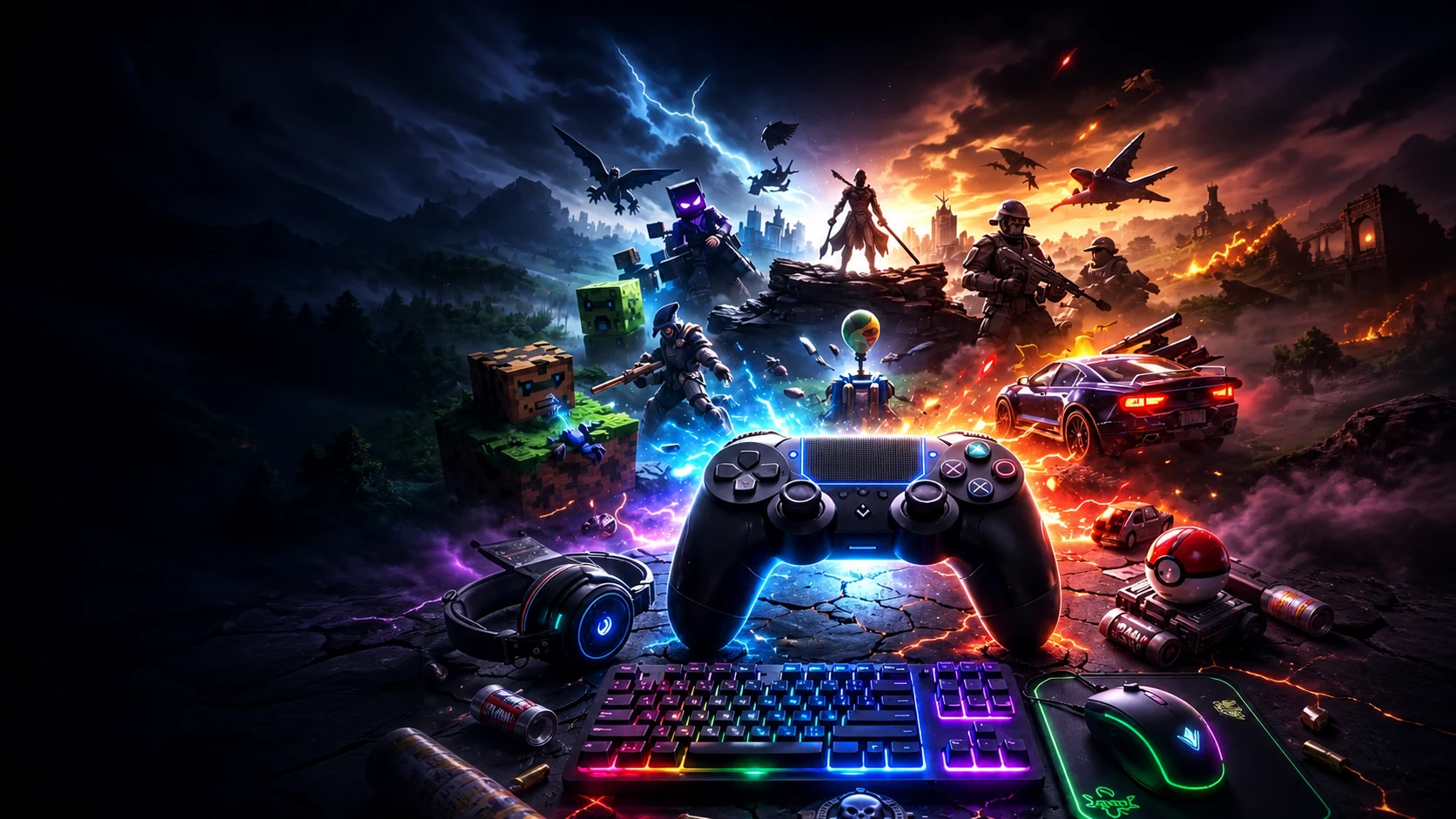 Cinematic gaming world with controller, RGB keyboard and mouse for Astrix Solutions PowerPlay